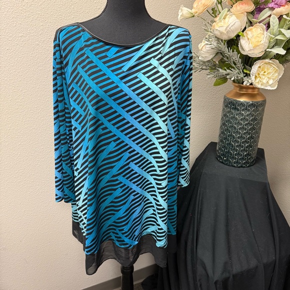 Worthington Tops - Worthington 2X Teal Blue Stripe Chiffon Hem Tunic Top Plus